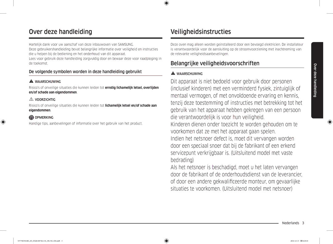 Samsung NV75K5541RS/EG, NV75K5541BS/EF, NV75K5541RS/EF manual Over deze handleiding, Veiligheidsinstructies, Nederlands  